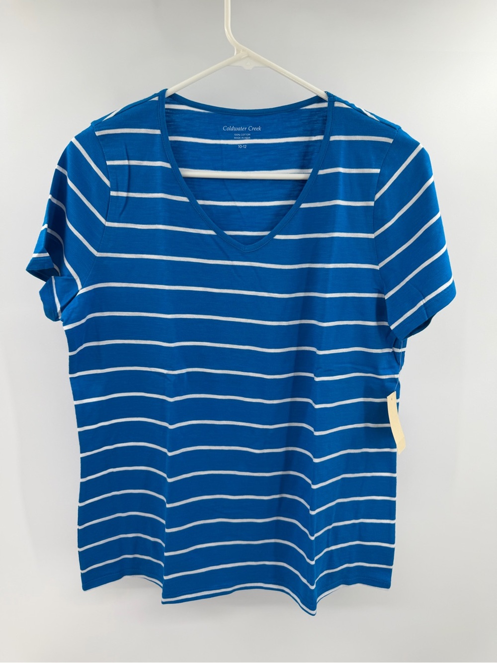 Coldwater Creek Blue White Striped V-Neck 100% Cotton Tee Shirt Size Medium New